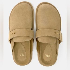 Zara Brown Buckle Suede Clogs